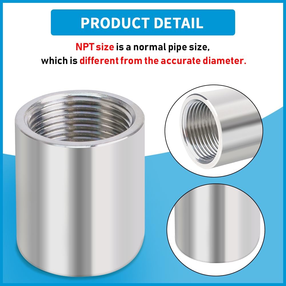Quickun 304 Stainless Steel Pipe Coupling Fitting, 3" x 3" Female Pipe Coupler Connector Adapter Fitting (2" Length)
