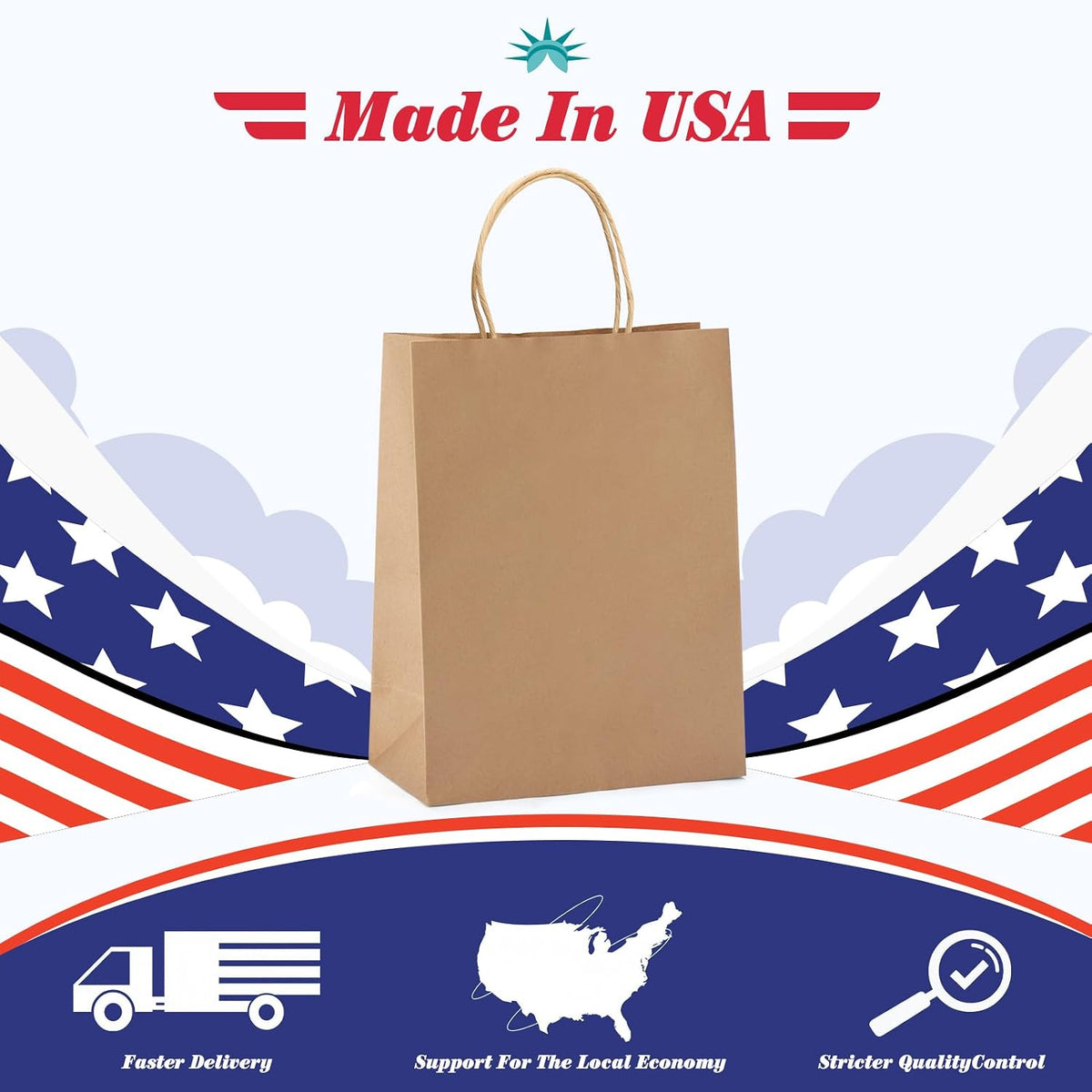 Medium Brown Kraft Paper Bags with Handles, 8x4.25x10.5, 100 Pack