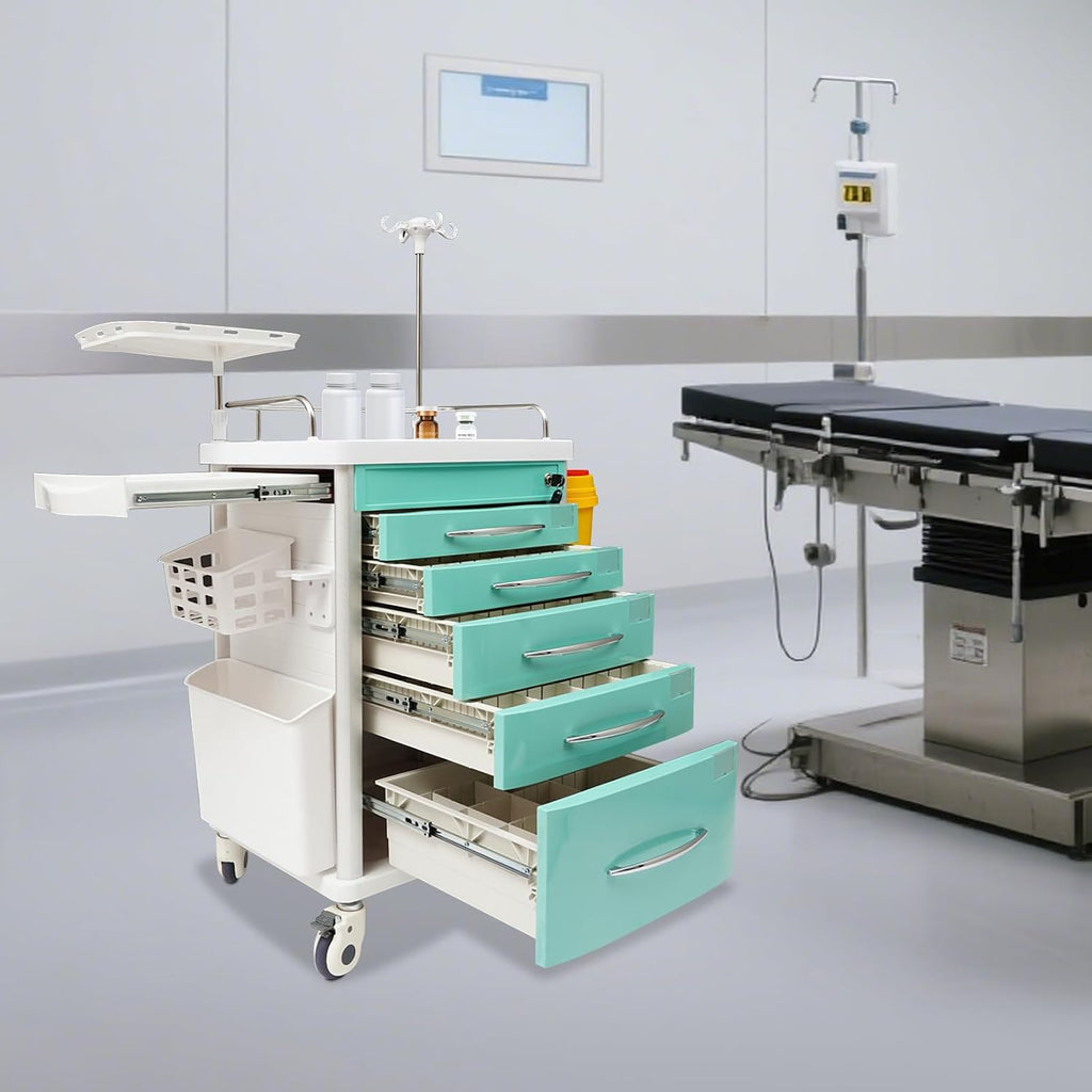 Medical Rolling Crash Cart with Accessories-CPR Board, 2 Trash Bin, Drawers with Dividers, Mobile Medical Cart for