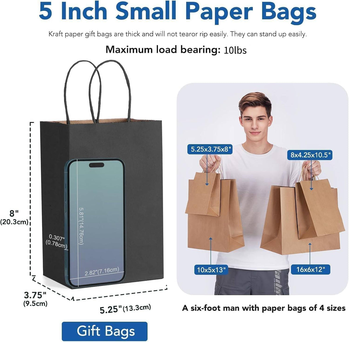 Small Black Paper Gift Bags with Handles, 5.25x3.75x8, 200 Pack Bulk