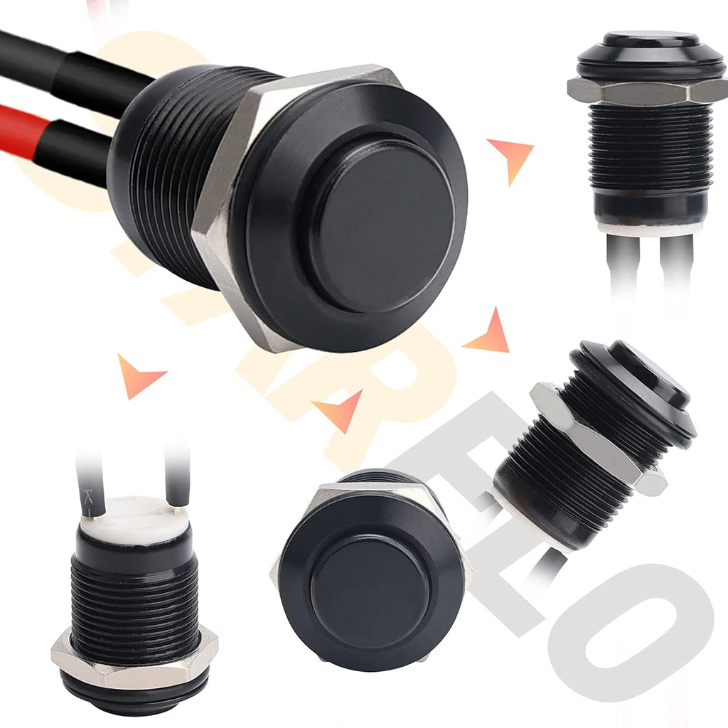 STARELO 5pcs 12mm Momentary Push Button Switch Black Shell with pre-Wiring, IP65 Waterproof Push Button Switch,Aluminum Alloy 1 Normally Open Without LED.