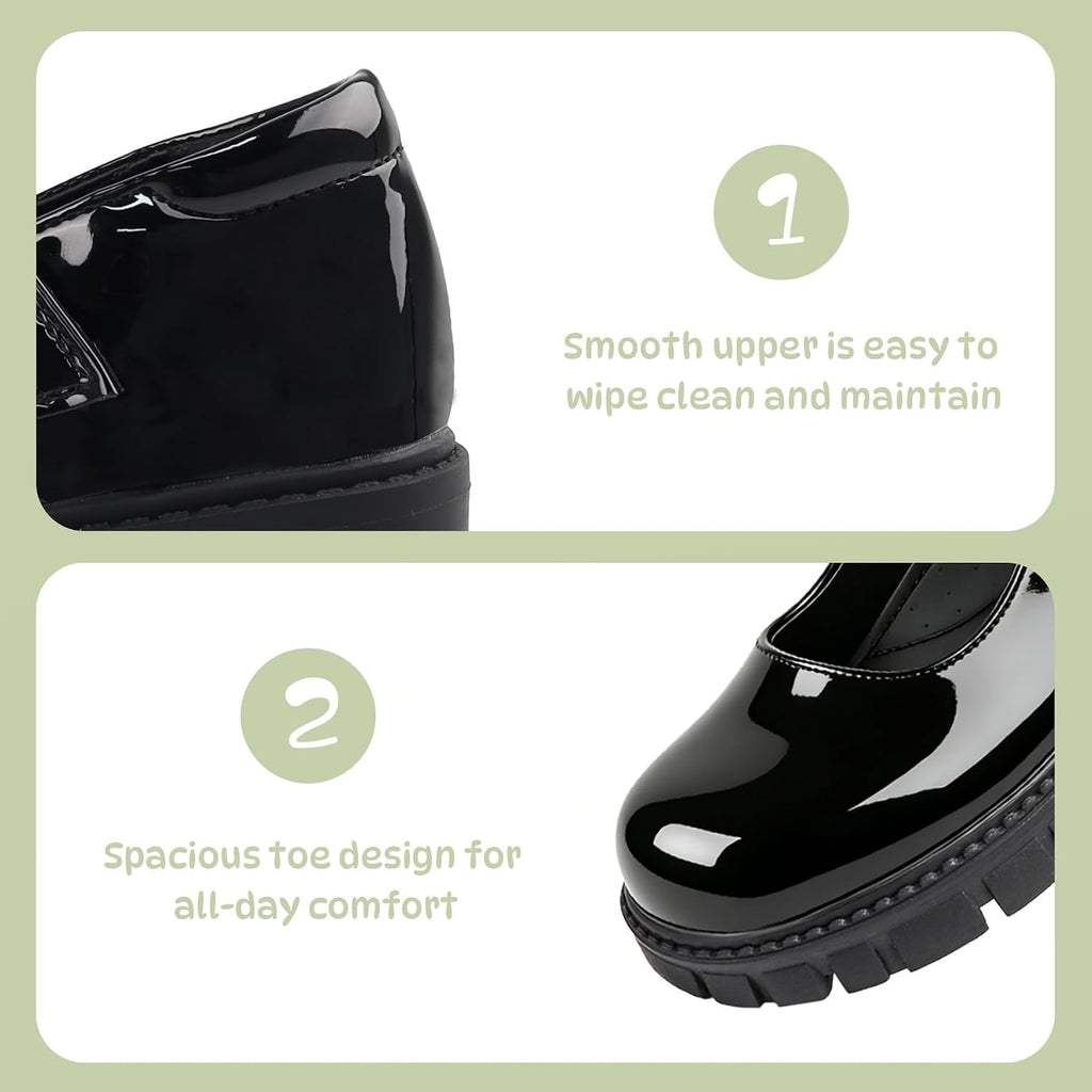 Girls School Shoes, Black Mary Jane Flats with Bow | Round Toe, Non-Slip Sole, School Uniform, Dress Outfits