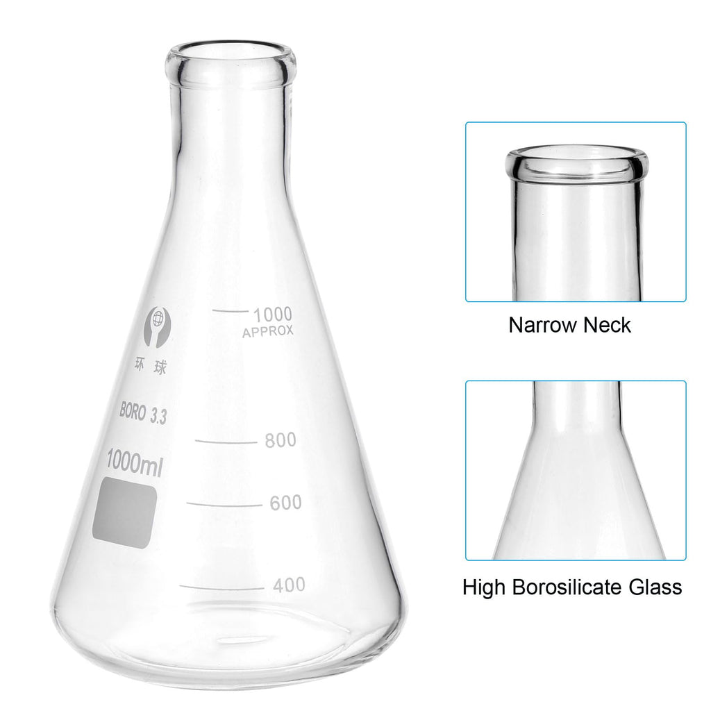 Erlenmeyer Flask,3 Pcs 1000ml 33.8oz Narrow Mouth Graduated Flasks