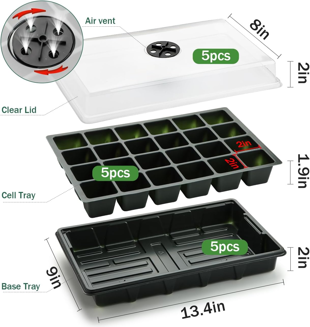 5-Pack Seed Starter Trays with Humidity Dome & Large 24-Cell Plug Trays | XL Cells Plant Germination Tray with Vented