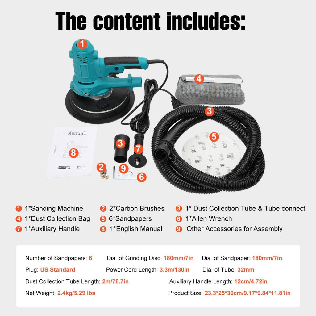 Variable Speed Handheld Electric Drywall Sander with Self-Dust-Extraction | Variable Speed 1200–2500 RPM Wall Sander