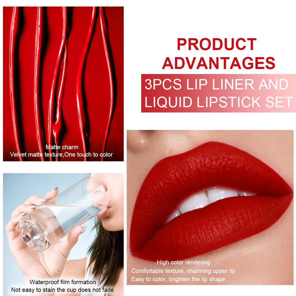 3Pcs Ruby Bright Dark Deep Red Lip Stain Lipstick with Lip Liner, Burgundy Red Matte Lip Liner and Liquid Lipstick