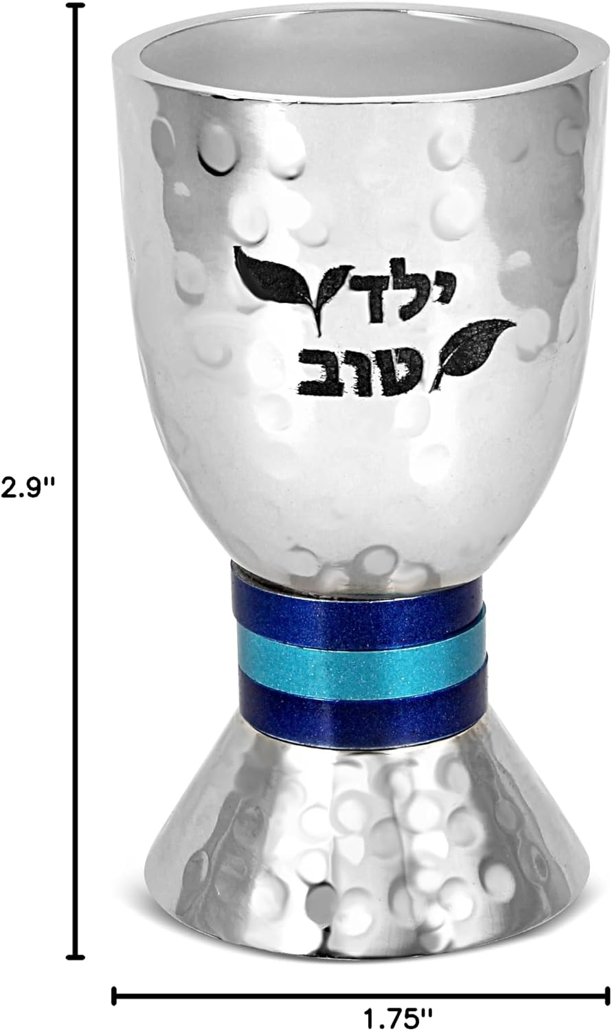 Zion Judaica Passover Good Boy Small Kiddush Cup 2.9" Yeled Tov Engraved Wine Cup Blue Tones Anodized Ring Accents