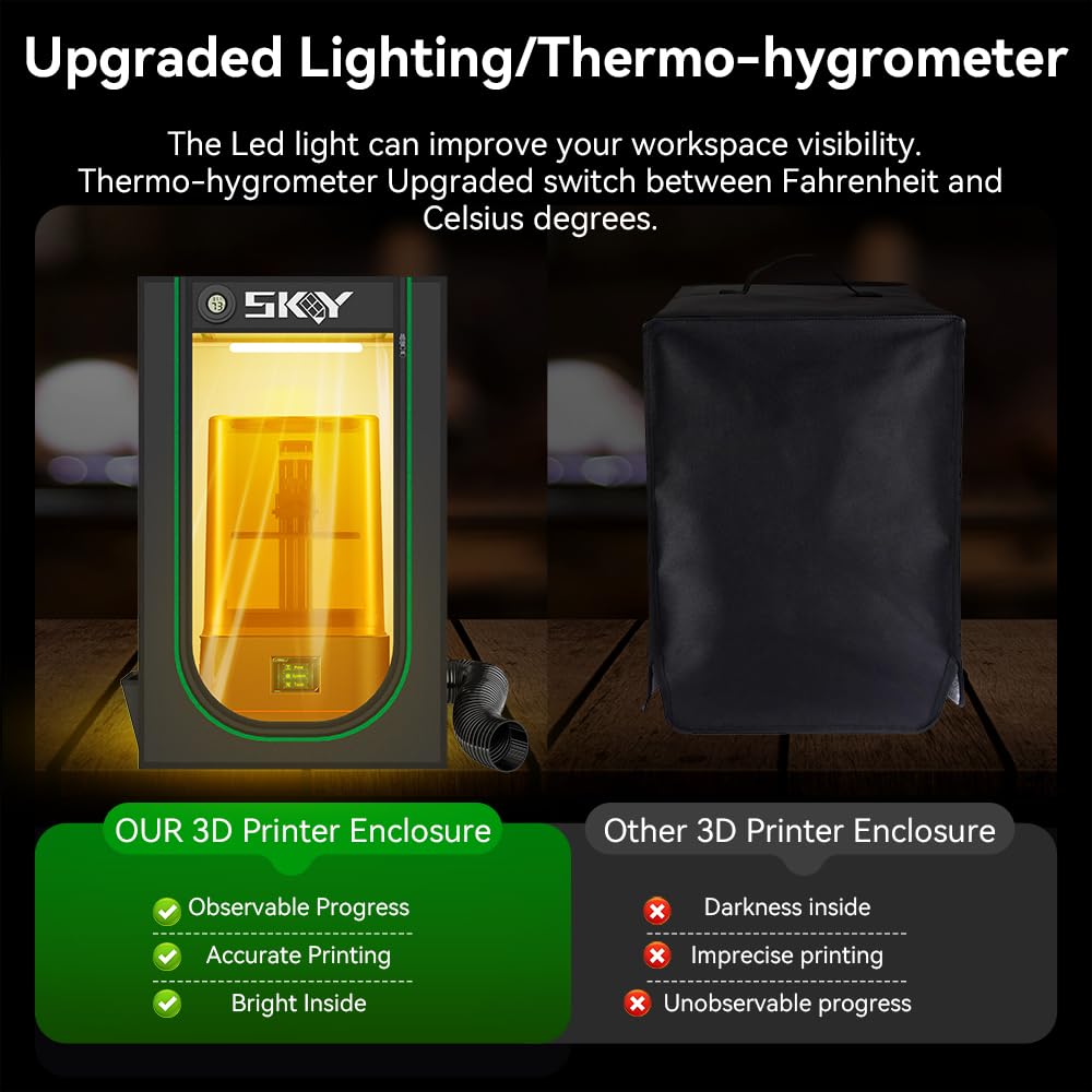 Skouphy Resin 3D Printer Enclosure with Ventilation Kit, LED Light,Thermo-Hygrometer Dustproof Cover Eliminate Odors
