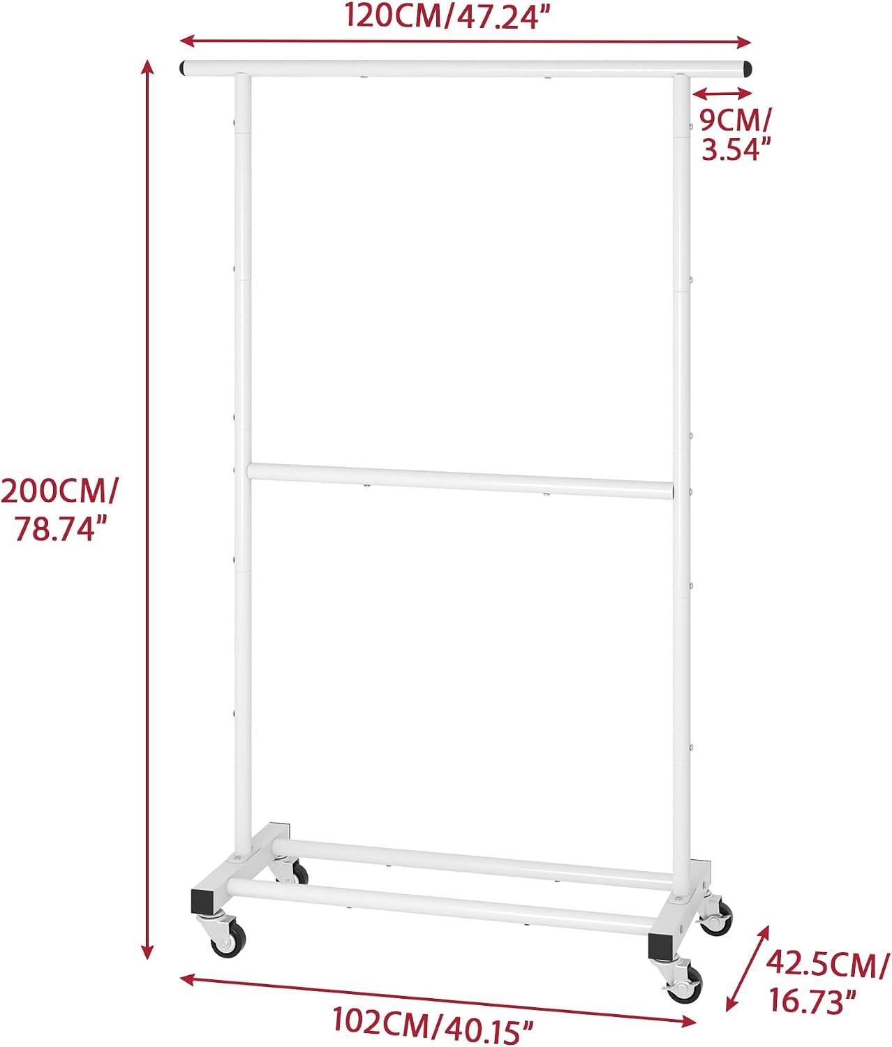 Double Rod Metal Clothing Garment Rack on Wheels, White | Rolling Clothes Organizer, for Hanging Clothes,Coats,Easy