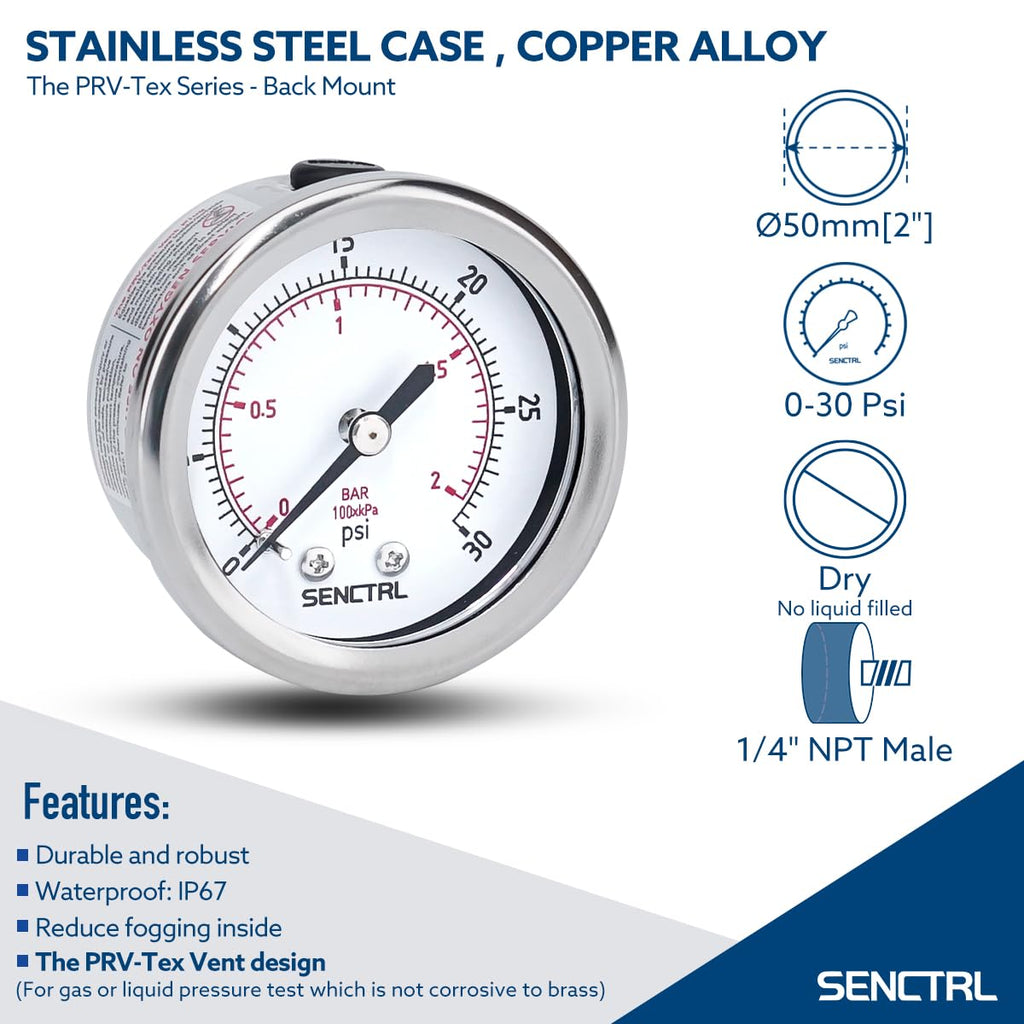 SENCTRL 0-30 Psi Low Pressure Gauge, 1/4" NPT Back Mount