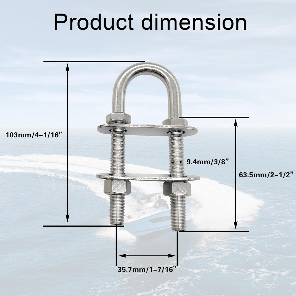 Marine Boat Stern Eye Tie Down U Bolt 3/8" Dia 2-1/2" Thread Length 2 Pack