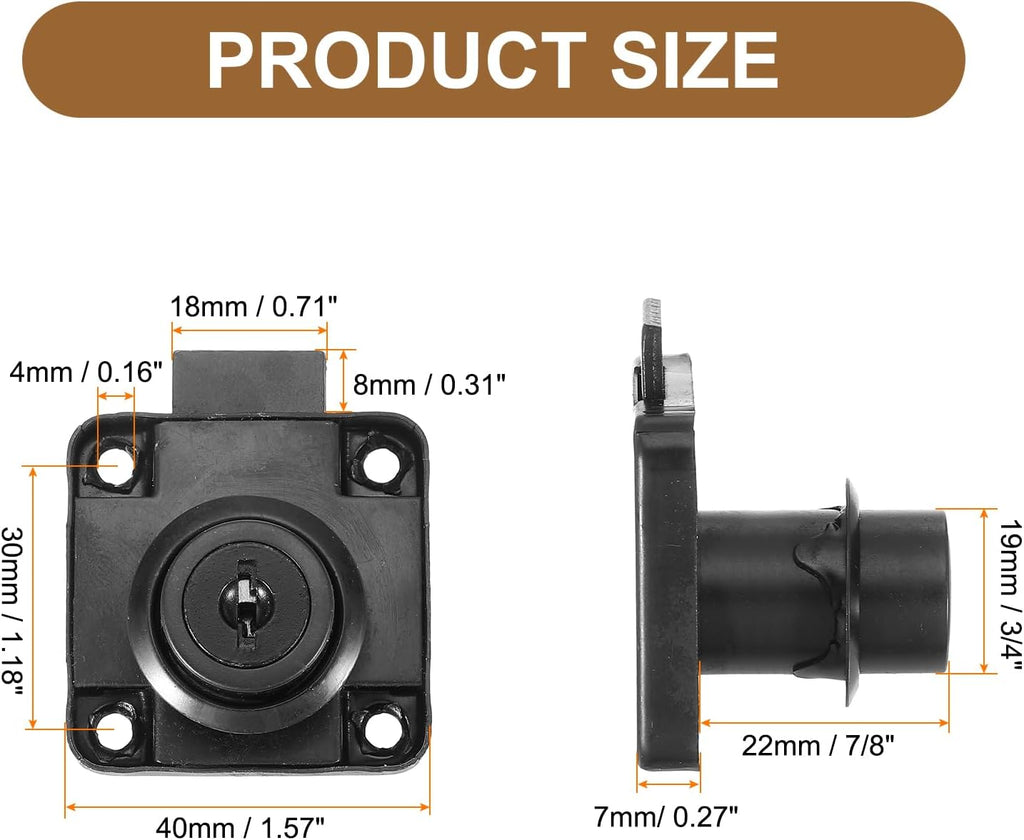 2 Pack Drawer Lock with Keys, Keyed Different Alloy Steel Desktop Lock with 7/8" Length 3/4" Dia Cylinder Cam Cabinet