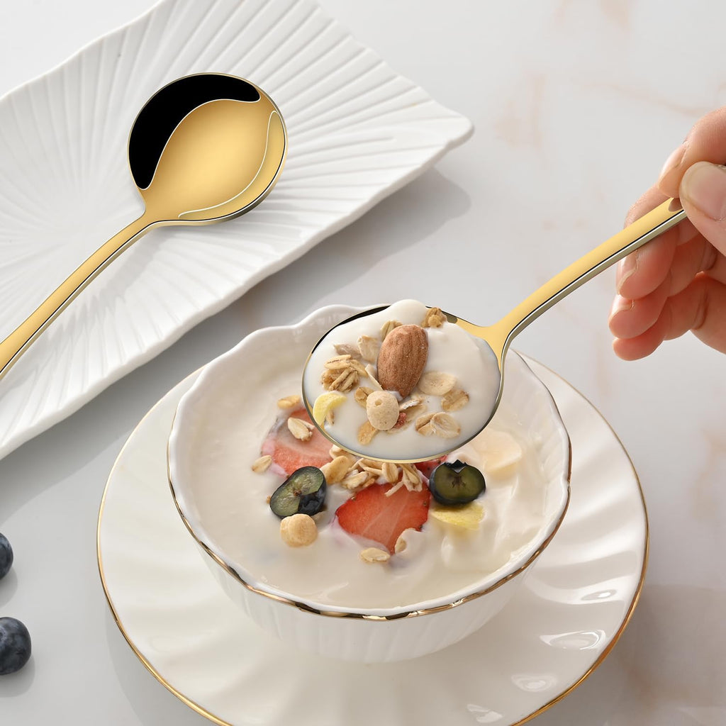 8-Piece Gold Soup Spoons Set, 7.4 Inch Stainless Steel Round Spoon, Mirror Polished Gold Kitchen Silverware Spoons