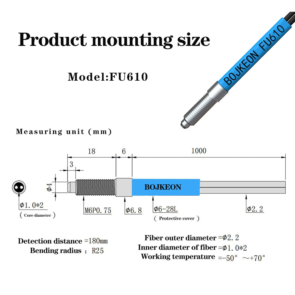 BOJKEON FU610 Fiber Optic Sensor 1M Cable Metal Probe