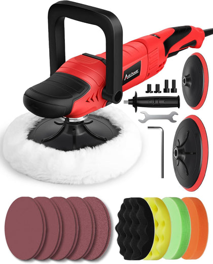 Car Rotary Buffer Polisher Waxer 1200W 6 Speeds, 4*6” Polish Pad | 6"&7" Backing Plates, 1000-3500 RPM, Sanding