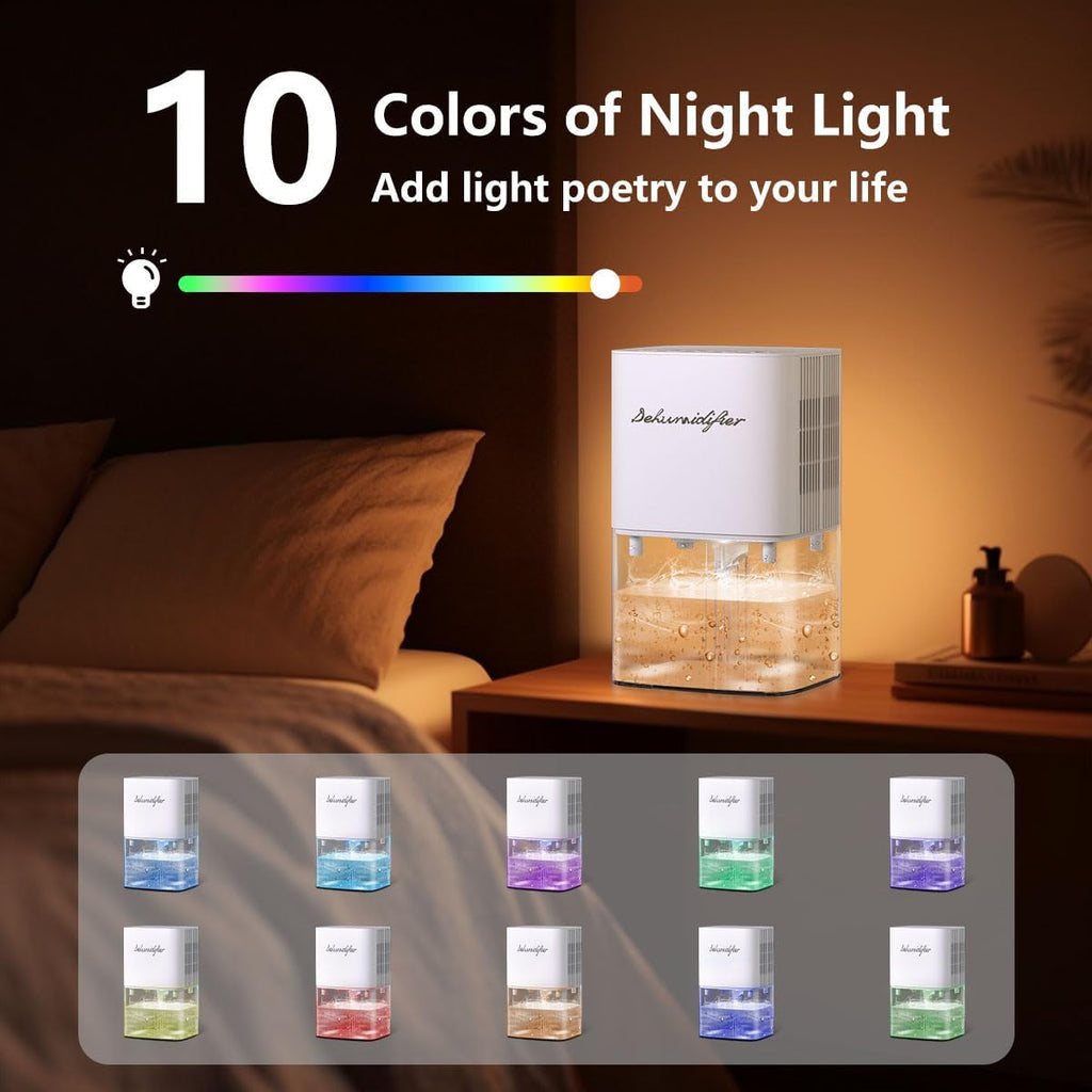 Dehumidifier 1657ML 58OZ Small Dehumidifier for Home 230 Ft² Safety Dehumidifiers Adjustable 10 Color Lights 5 Timers