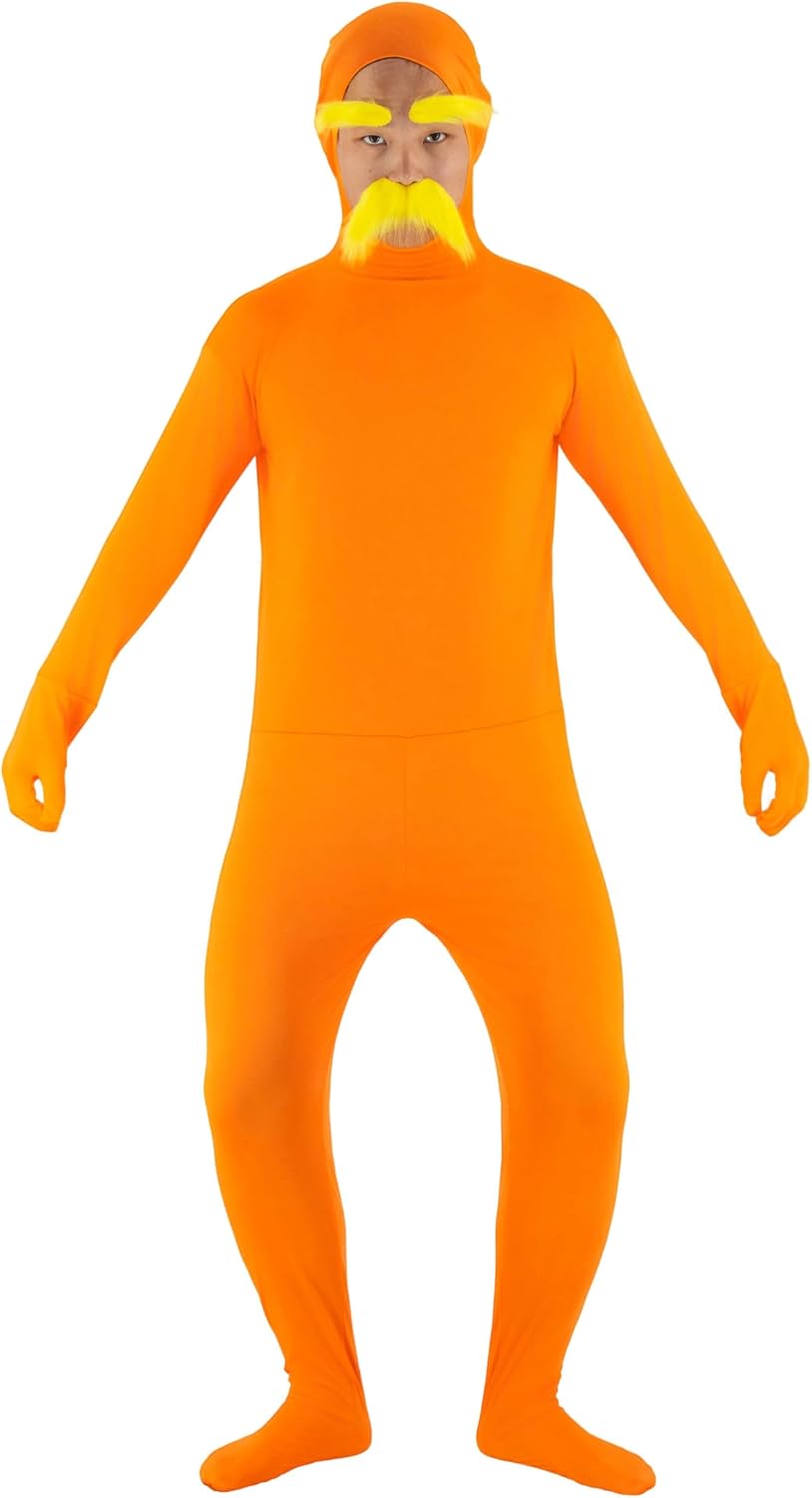 Orange Halloween Costume Adult Open Face Bodysuit | with Yellow Mustache Eyebrows Adult Open Face Bodysuit Men Women