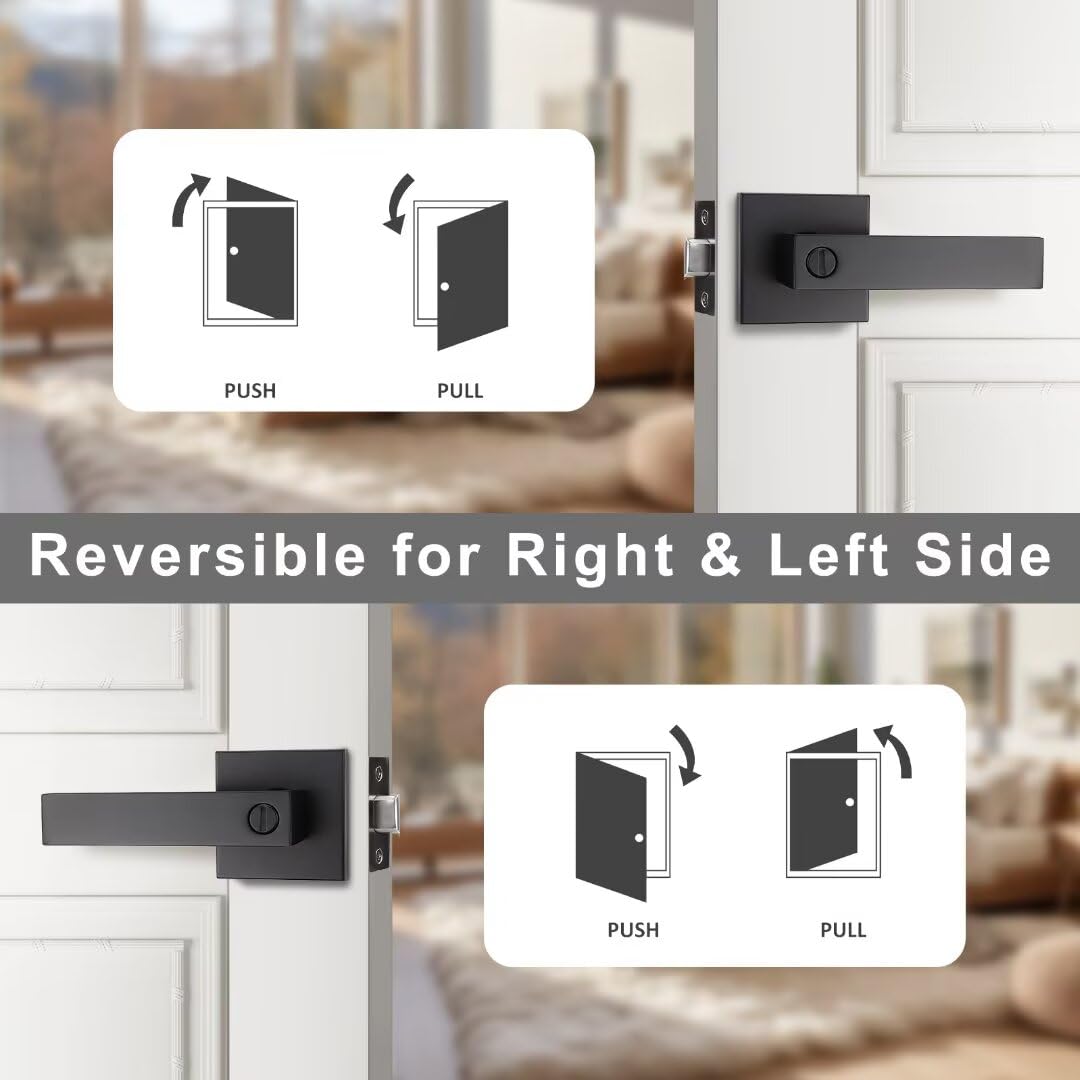 3 Pack Square Black Door Handles - Reversible Privacy Lever Keyless Interior Bed & Bath Handles