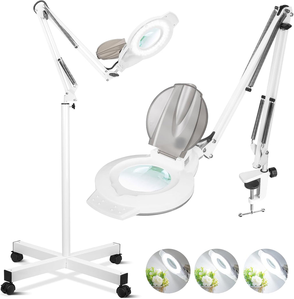 2200 Lumens Magnifying Floor Lamp, 2-in-1 Lighted Desk Magnifier | 144 LED Stepless Dimmable, 10X Real Glass, 4 Wheel