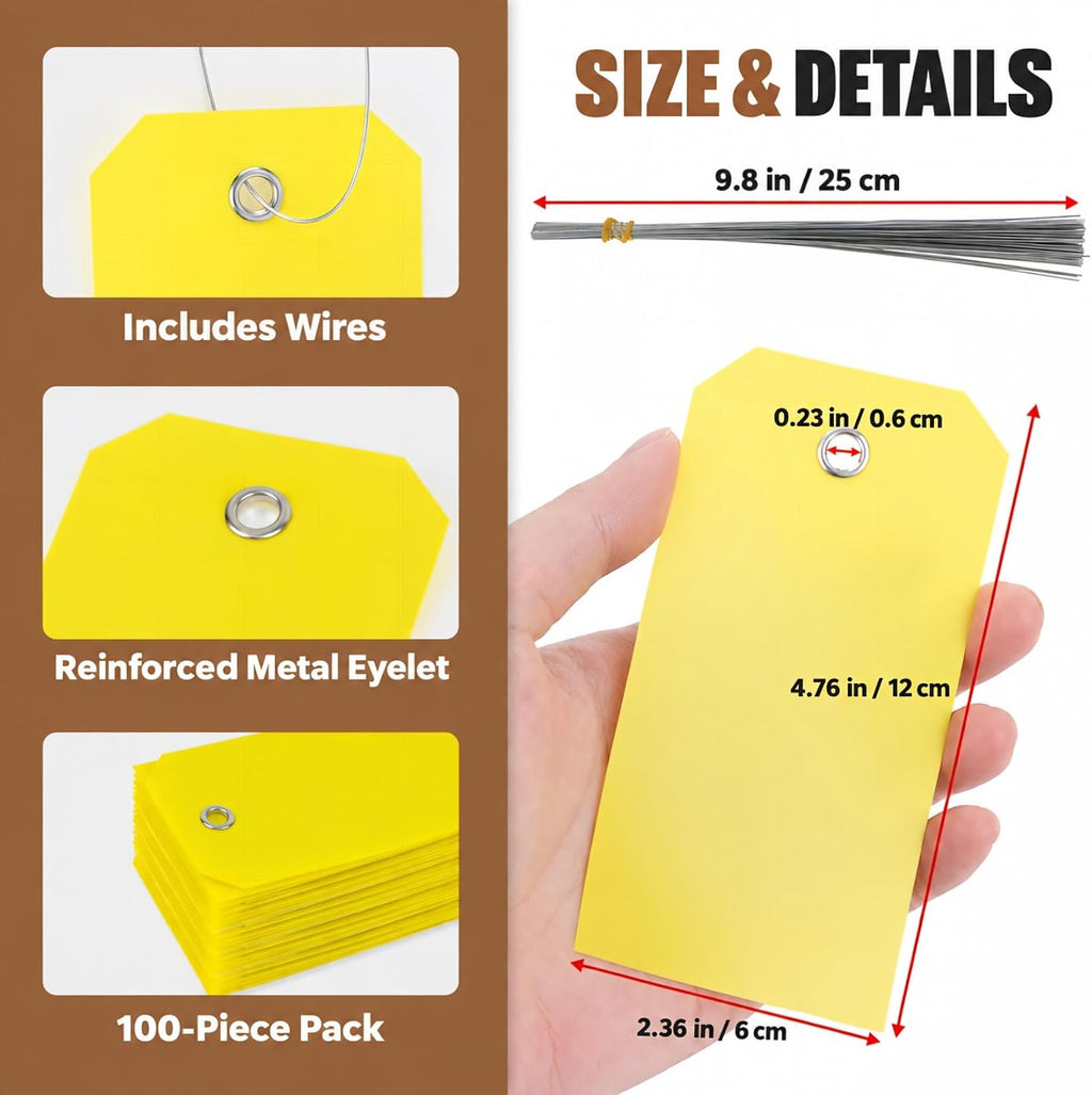 100 Pcs Plastic Tags with Wires Shipping Tags 4 3/4 x 2 3/8, Yellow
