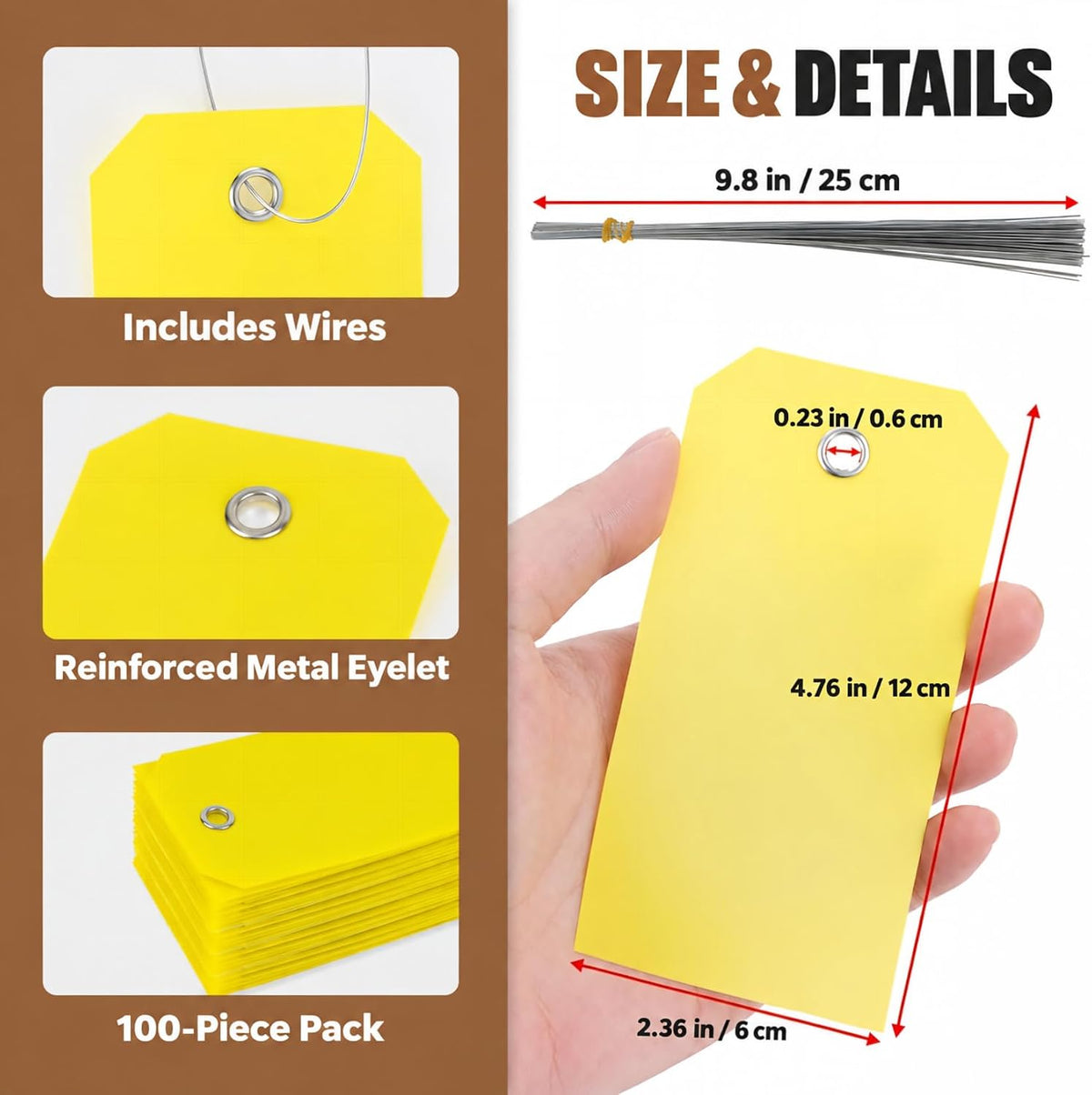 100 Pcs Plastic Tags with Wires Shipping Tags 4 3/4 x 2 3/8, Yellow