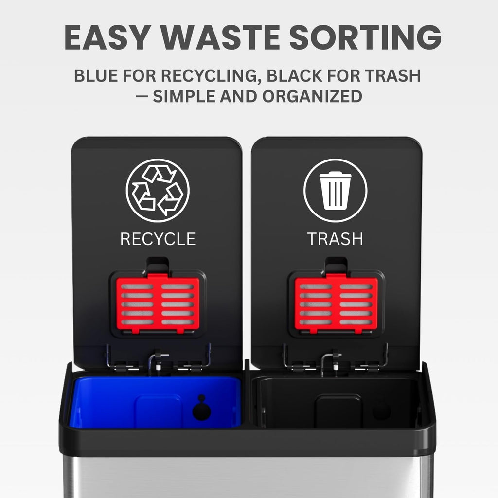 60 Liter / 16 Gallon Rectangular Dual Compartment Kitchen Trash Can & Recycling Bin, Odor Filter, Soft-Close