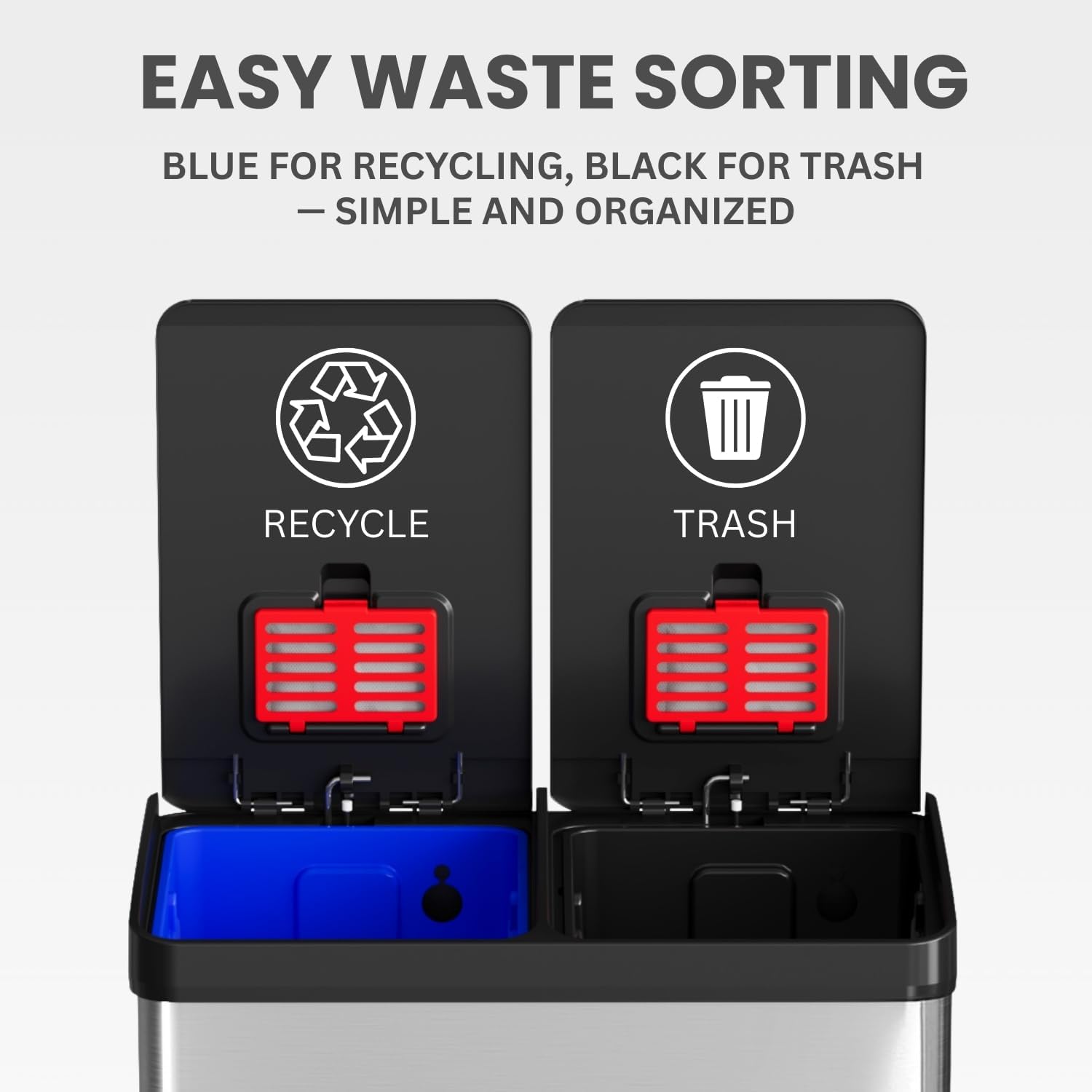60 Liter / 16 Gallon Rectangular Dual Compartment Kitchen Trash Can & Recycling Bin, Odor Filter, Soft-Close