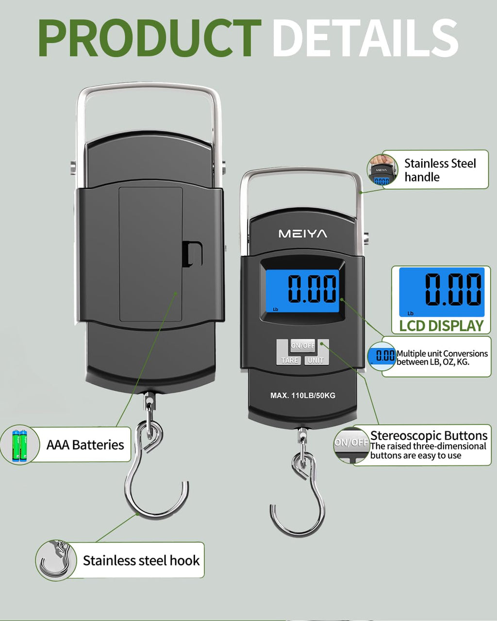 Fish Scale 110lb/50kg Digital Fishing Scale with Backlit LCD, Portable Handle, Stainless Steel Hook & 2 AAA Batteries