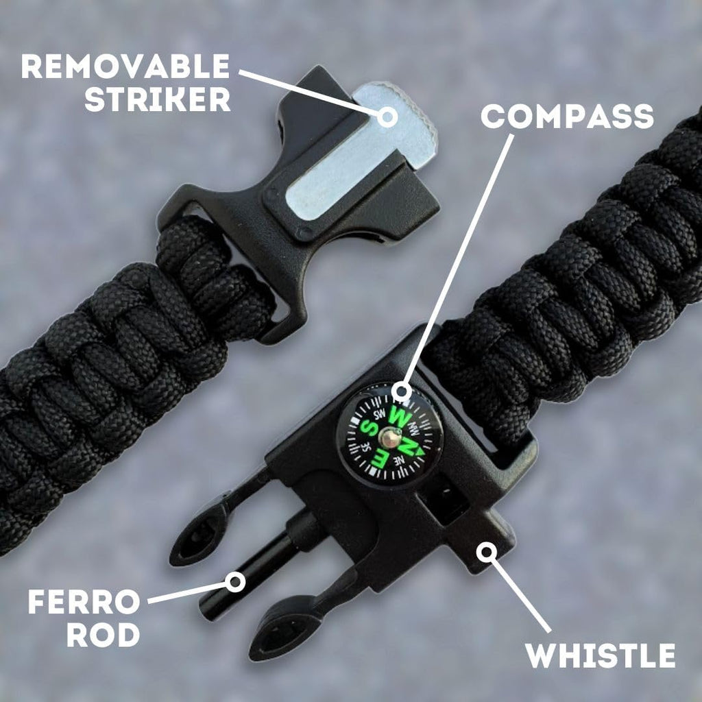 Paracord Rope Bracelet w/Fire Starter, Survival Whistle & Compass - Black & Green - Survival Gear for Camping