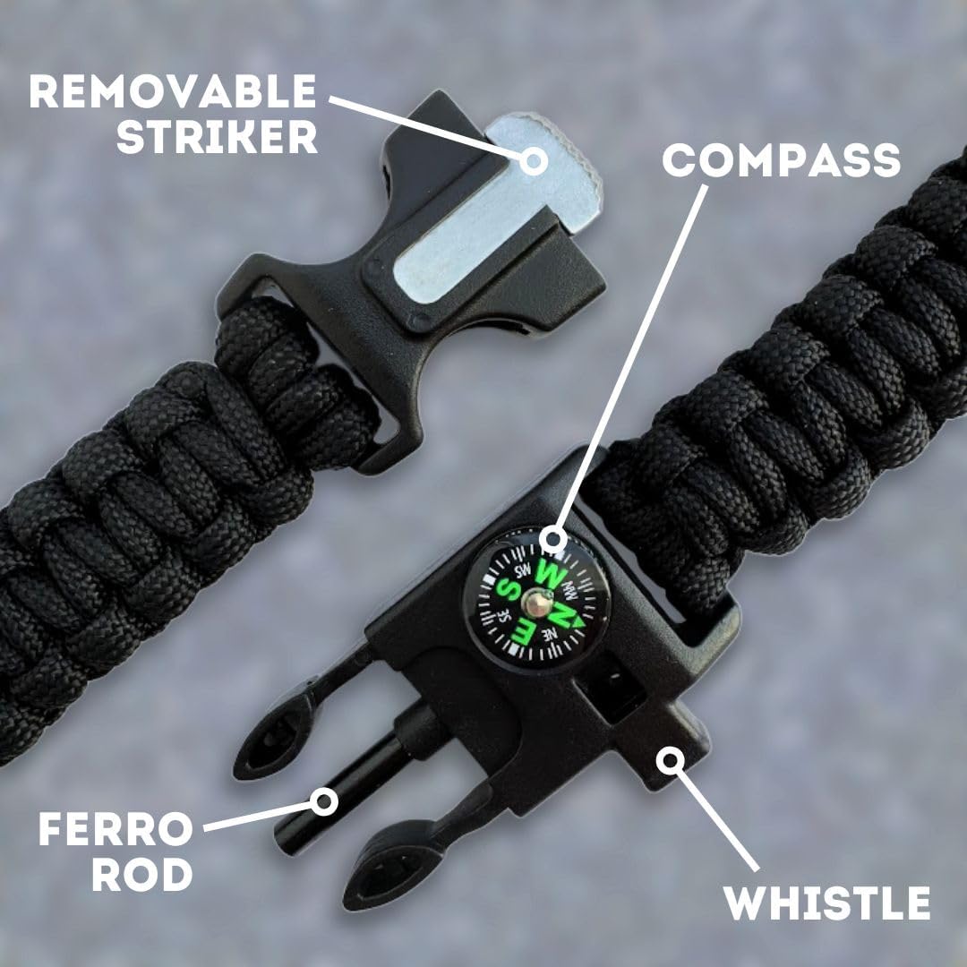 Paracord Rope Bracelet w/Fire Starter, Survival Whistle & Compass - Black & Green - Survival Gear for Camping