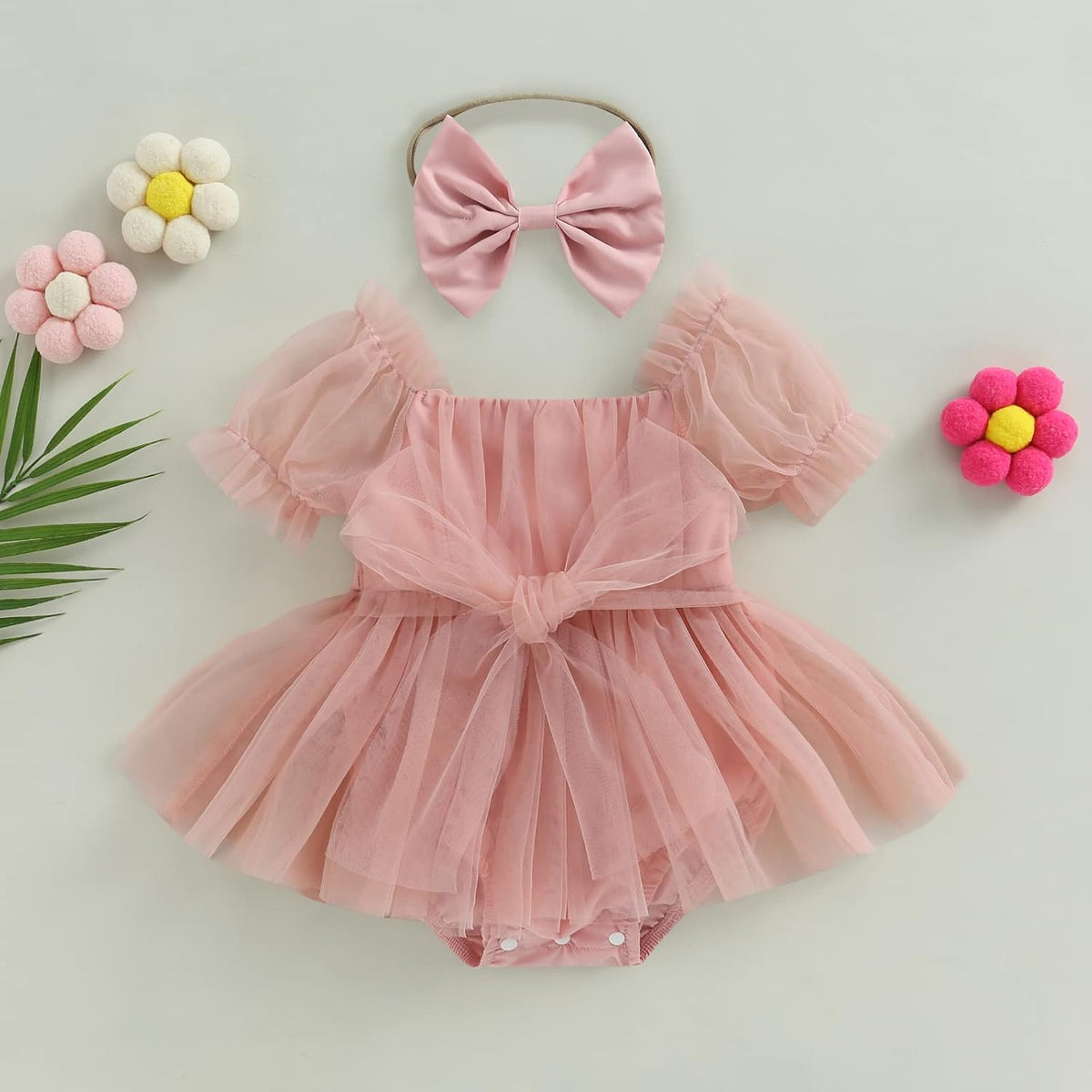 Baby Girl Tulle Dress Romper Sleeveless Onesie Knot Front Pleated Bodysuit Newborn Mesh Princess Outfits