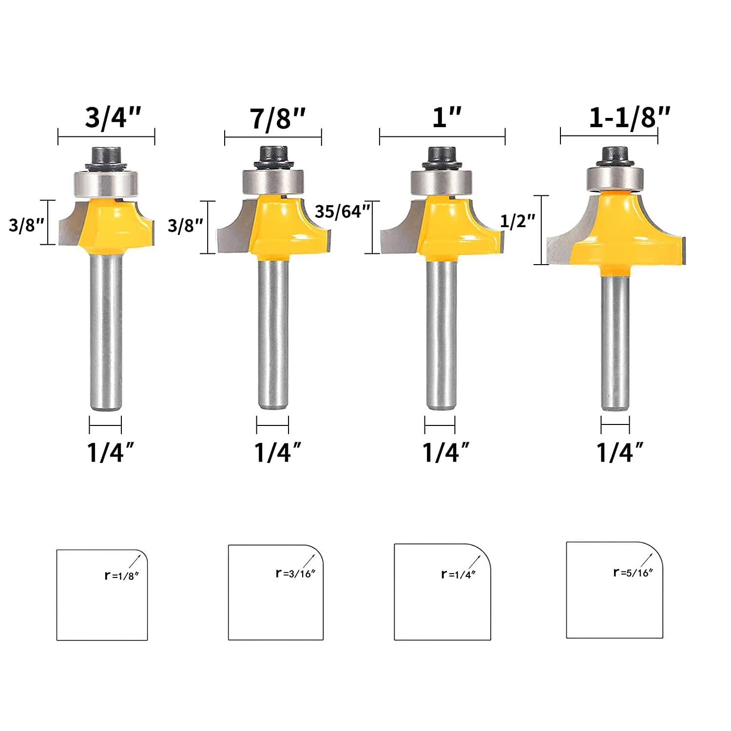 Roundover Router Bit Set，4pcs Router bit Set，1/4 inch Shank，Radius in 1/8", 1/4", 3/16", 5/16"，Bearing Guide for
