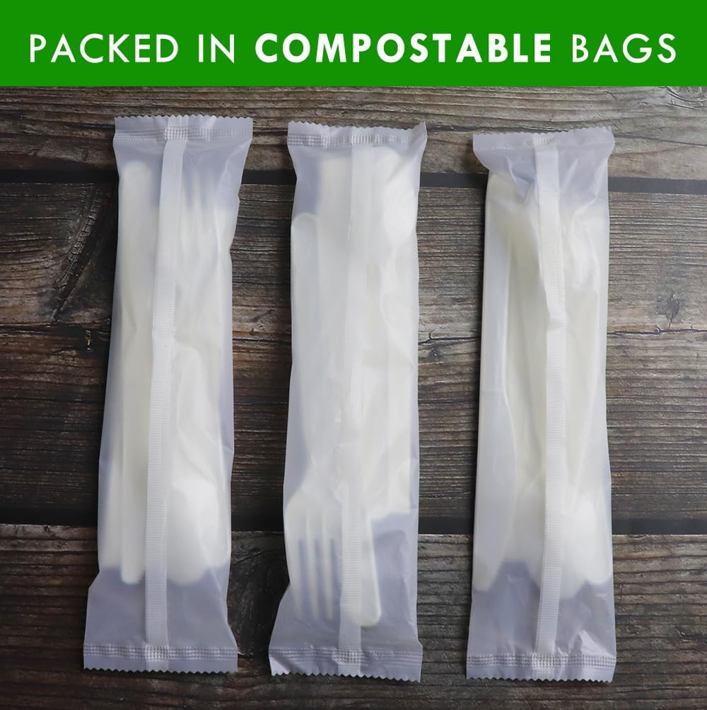 7" Heavy-duty Compostable Cutlery Kits, BPI Certified, 200 Sets (Fork, Spoon,Knife,Napkin 4 in 1) Individually