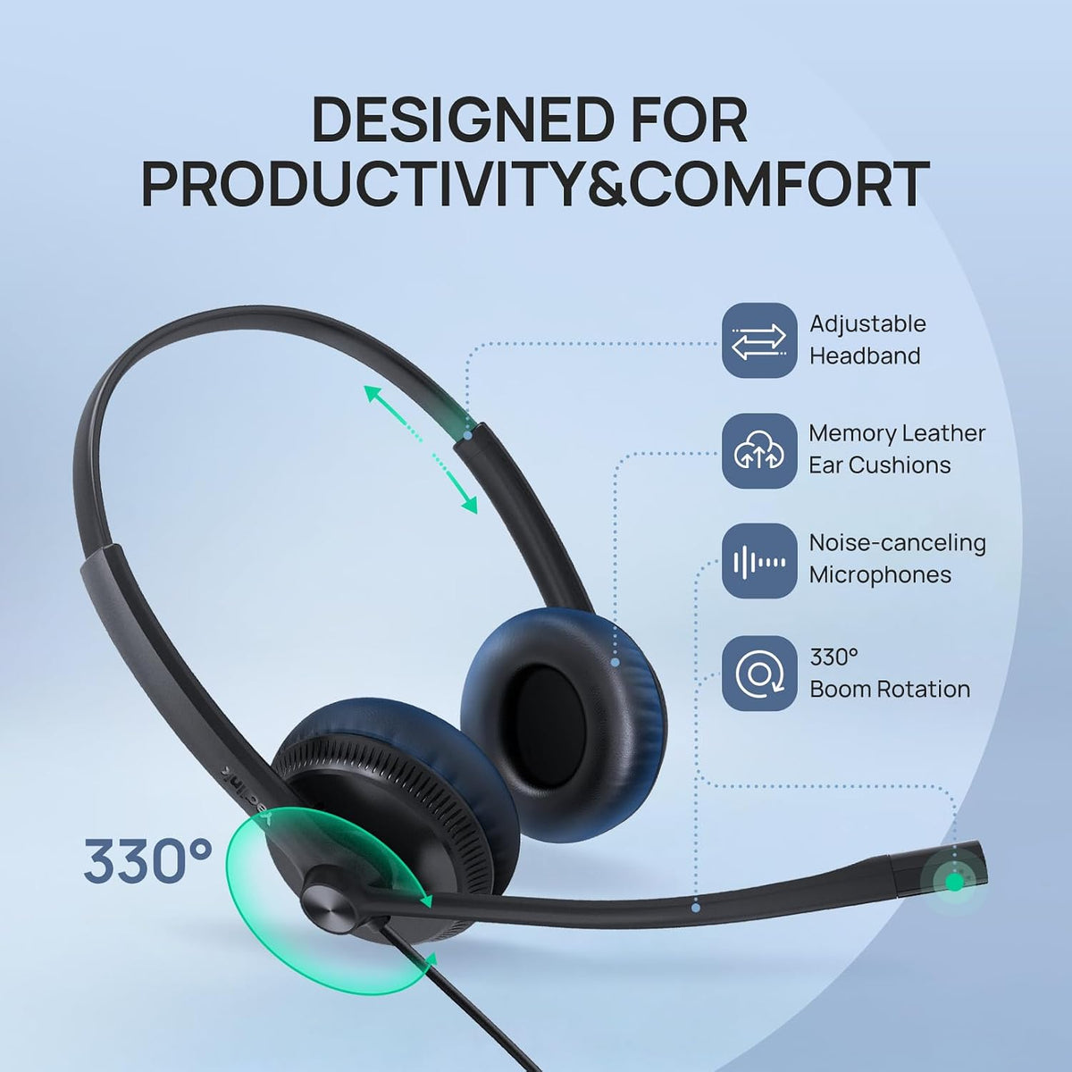 Phone Headsets for Office Phones YHS34 QD to RJ9 Wired Headset | Leather ear pads,Compatible with Poly Snom Phones