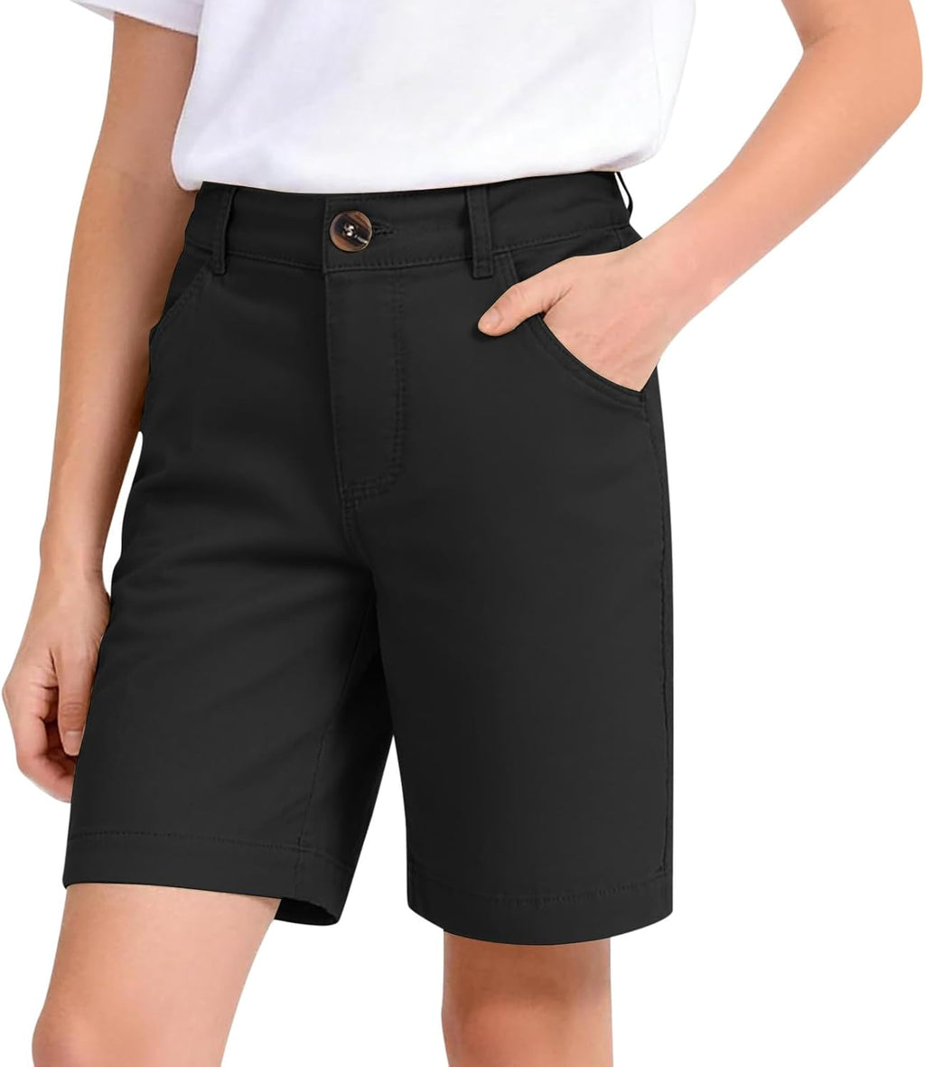 Uniform Shorts for Girls Stretch Twill Pull On School Uniform Bermuda Shorts with Pockets Teens Junior Clothes 5-16Years