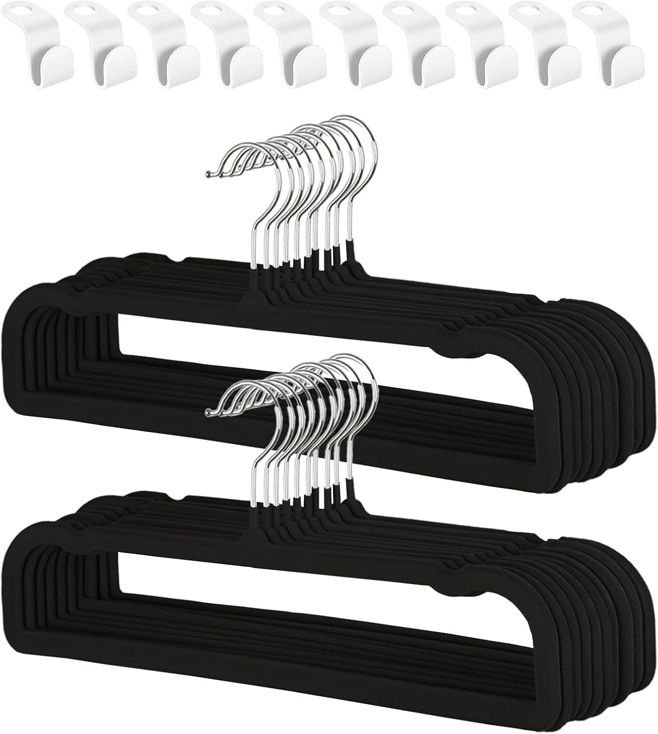 20-Pack Black Anti-Slip Velvet Clothing Hangers, Slim Space-Saving Design with 360° Rotatable Silver Metal Hooks and