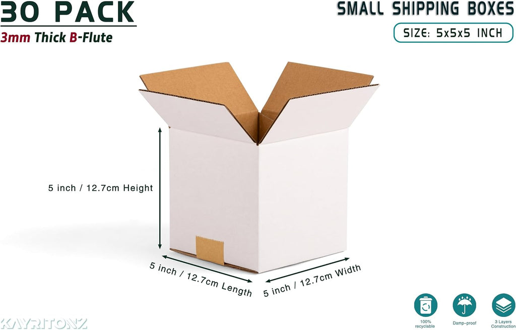 5x5x5 inch Small Shipping Boxes, 5 x 5 White Box, 30 Pack