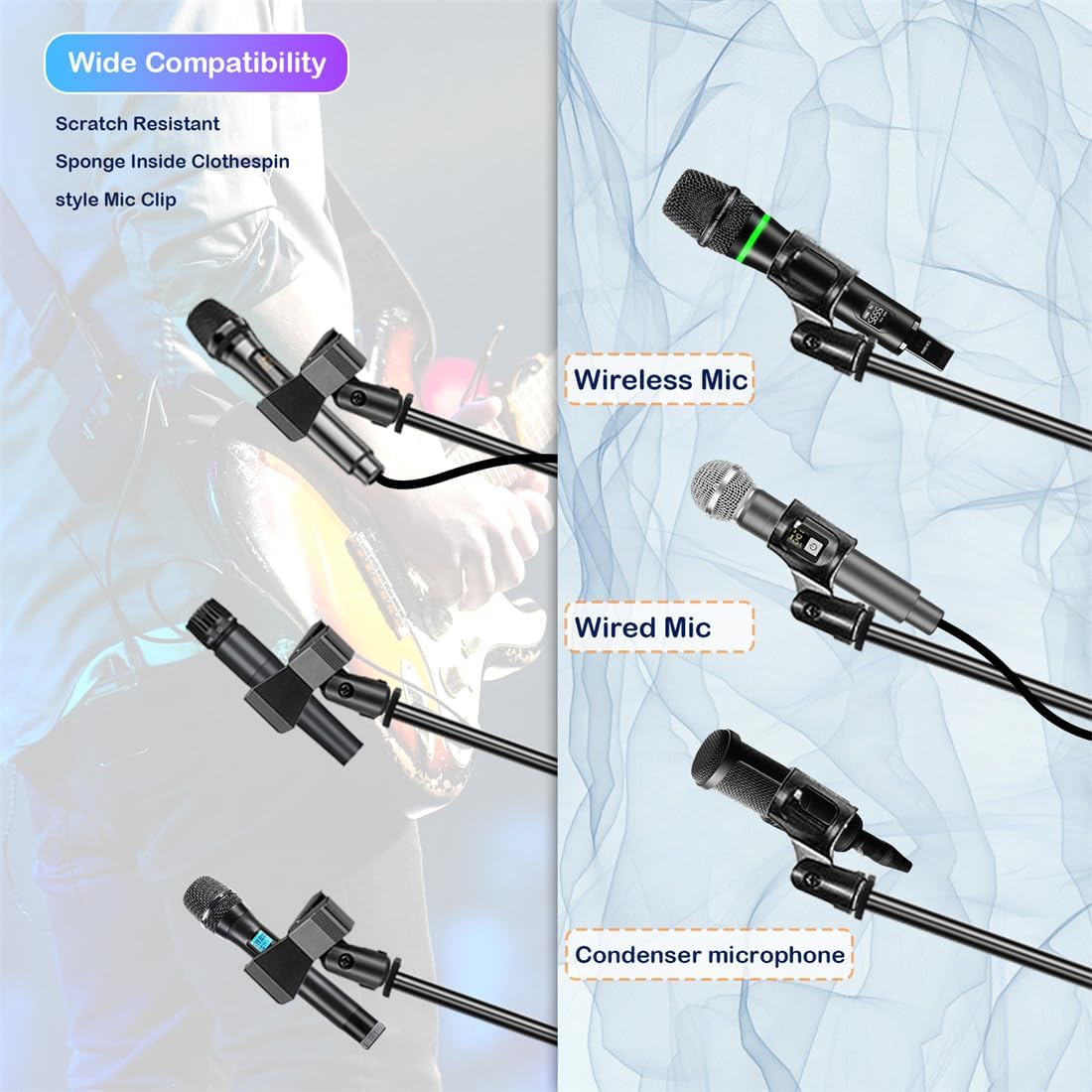 Microphone Stand Floor Foldable Mic Stand Heavy Duty Tripod Boom Arm with 2 Screws Adapter 2 Mic Clips 2 Foam Covers