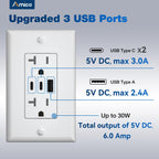 Amico 6.0A USB Outlet 12 Pack, 3-Port, 2 Type C & 1 Type A, 20 Amp, White