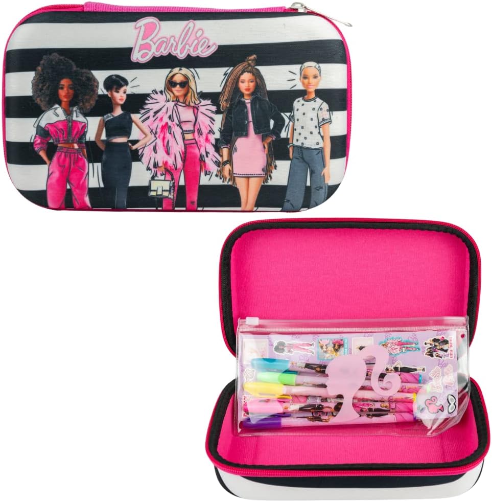 Barbie Pencil Case Set with Stickers and Gel Pens for Kids, Molded with Zip Closure, Pink