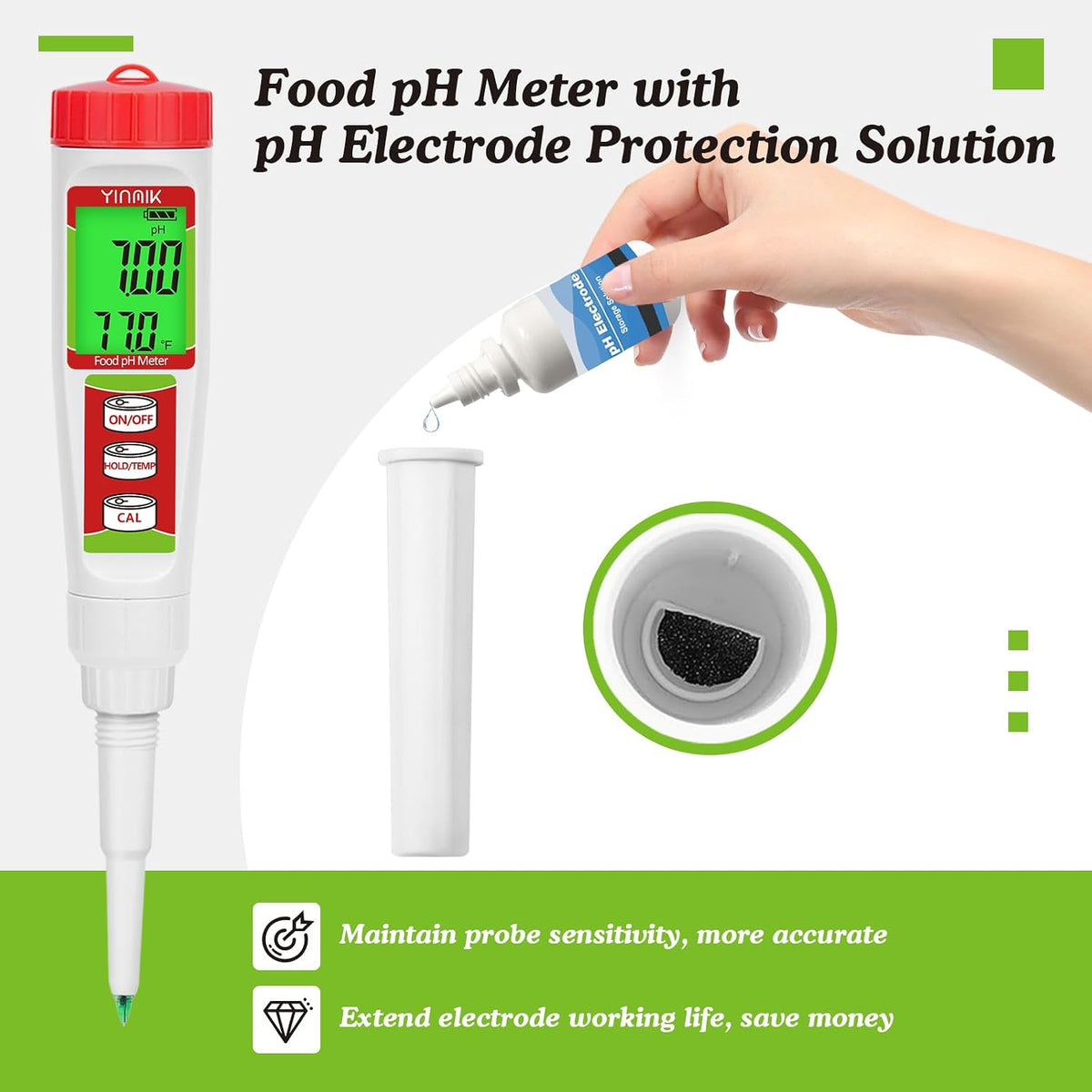 YINMIK Food pH Tester with pH Calibration Storage Solution Digital pH Meter