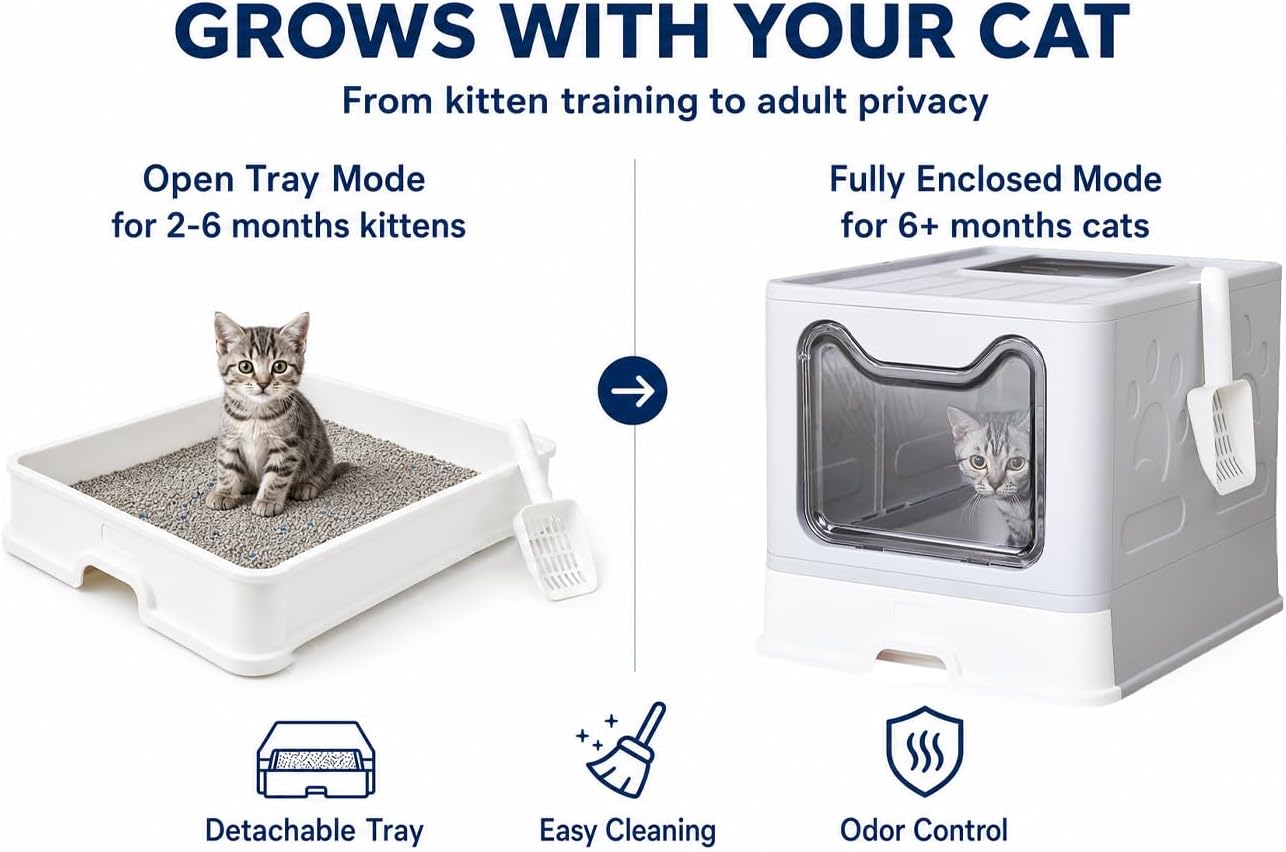 Cat Litter Box with Litter Mat and Scoop, Large Covered Litter Box with Lid, Enclosed Kitty Box, Front Entry Top