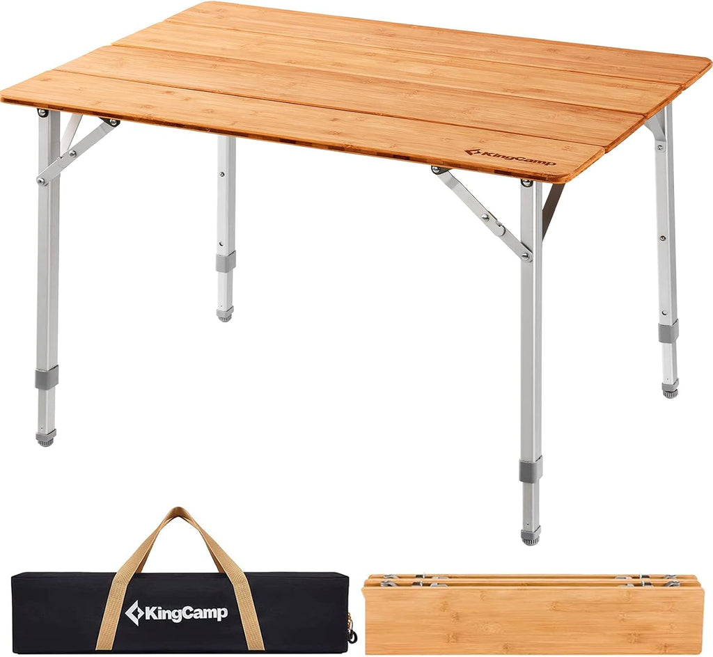 Adjustable Height Folding Table, 4-Fold Bamboo Camping Outdoor Portable RV Camp Table with Carry Bag for Outdoor Car