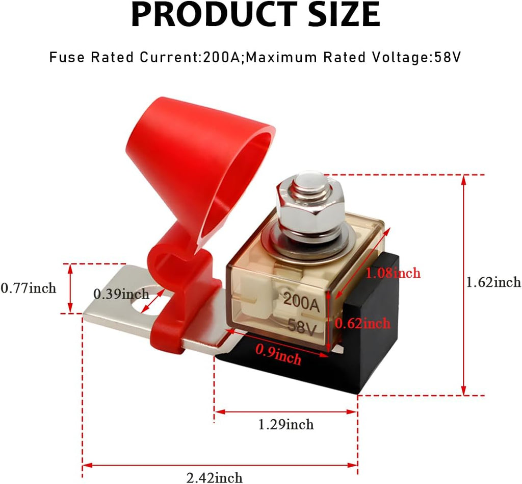 Battery Terminal Fuse Kit, 200A 58V Rated Battery Fuse and Waterproof Terminal Mount Fuse Block, Battery Terminal