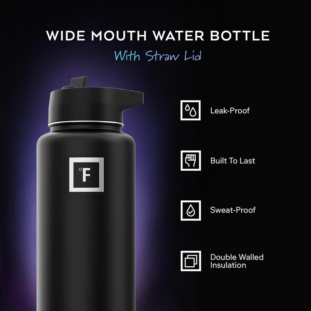 32 oz Wide Mouth Water Bottle with 3 Lids | Insulated Stainless Steel Sports Water Bottle with 3 Leakproof Lids - BPA