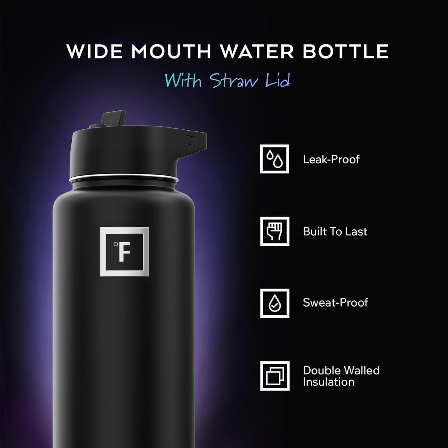 32 oz Wide Mouth Water Bottle with 3 Lids | Insulated Stainless Steel Sports Water Bottle with 3 Leakproof Lids - BPA