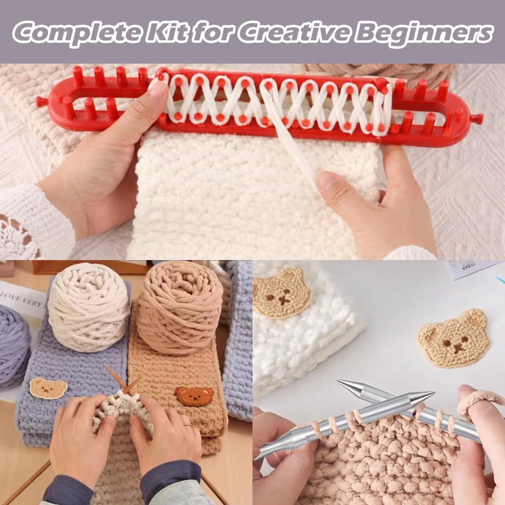 Knitting Loom Kit for Scarf, Easy Knitting Set Including Knitting Needles Set Plush Yarn, Learn to Knit kit with