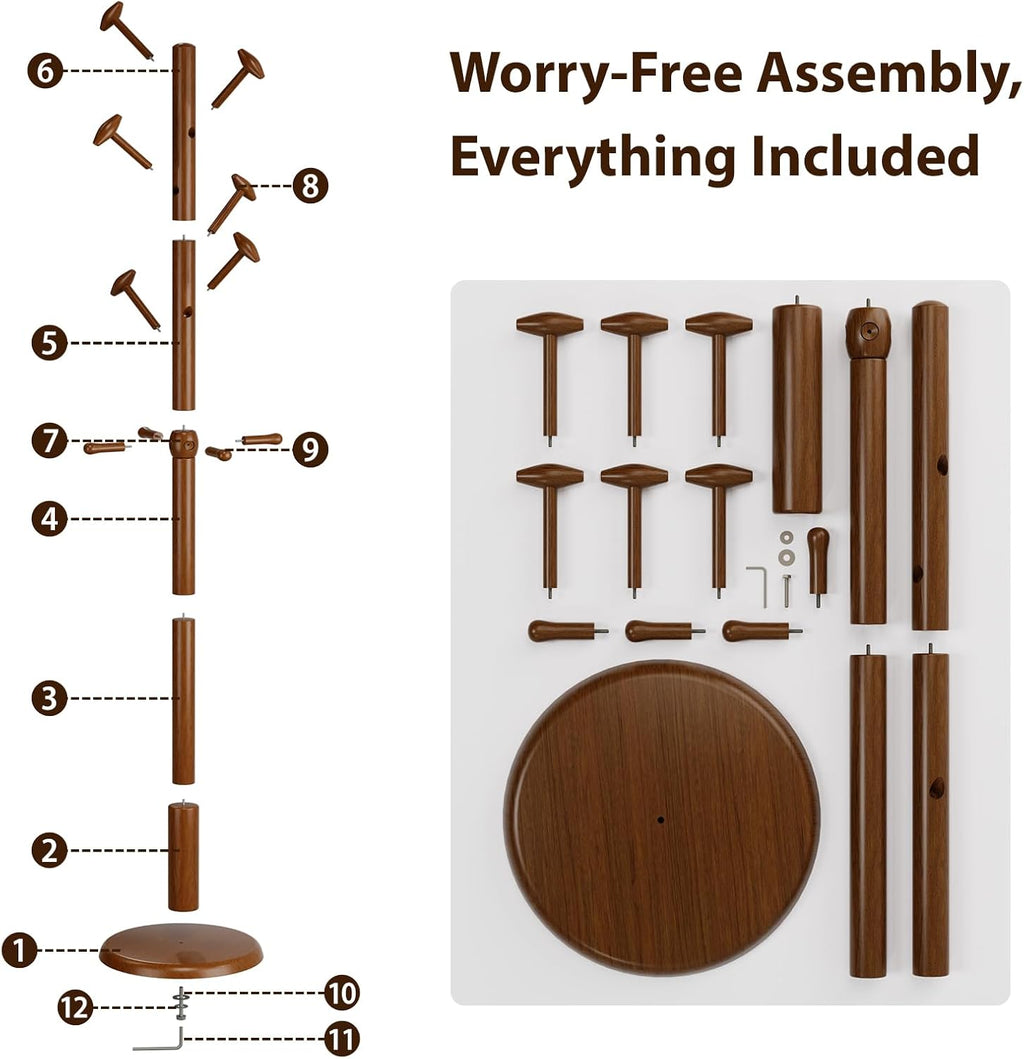 Solid Wood Coat Rack Freestanding Coat Tree with 10 Hooks for Bedroom, Livingroom, Entryway, Sturdy Coat Hanger Stand