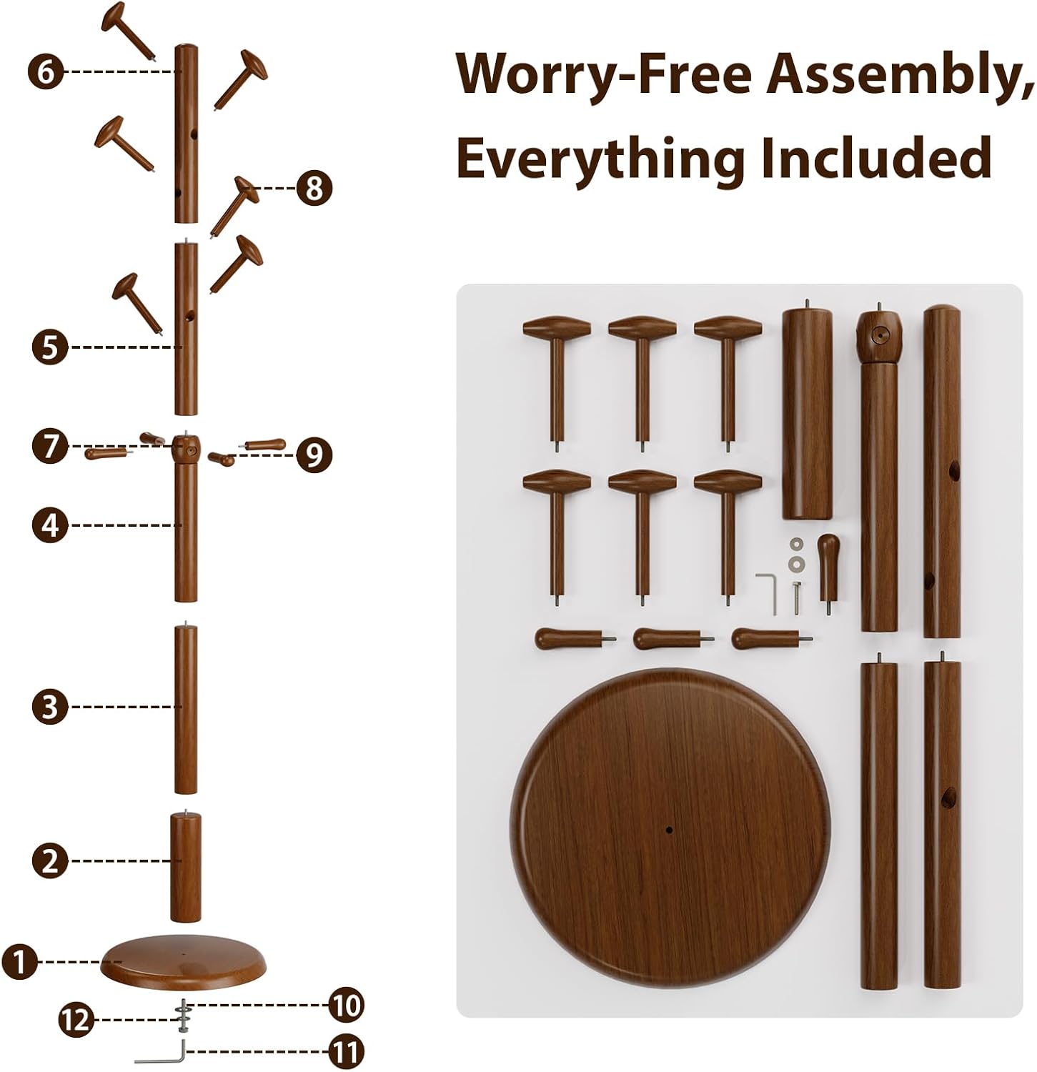 Solid Wood Coat Rack Freestanding Coat Tree with 10 Hooks for Bedroom, Livingroom, Entryway, Sturdy Coat Hanger Stand