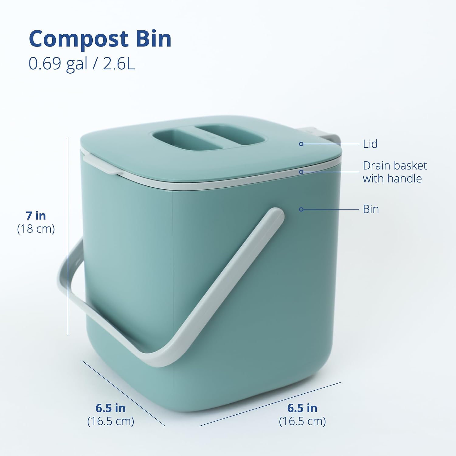 Kitchen Compost Bin, 2.6L Countertop Compost Bin, Green | Odor-Tight. Filter-Free. Dishwasher Safe.